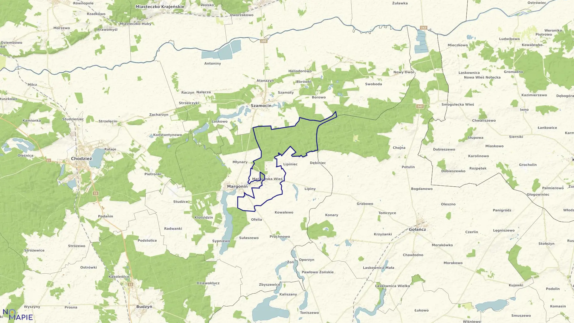 Mapa obrębu Margońska Wieś w gminie Margonin