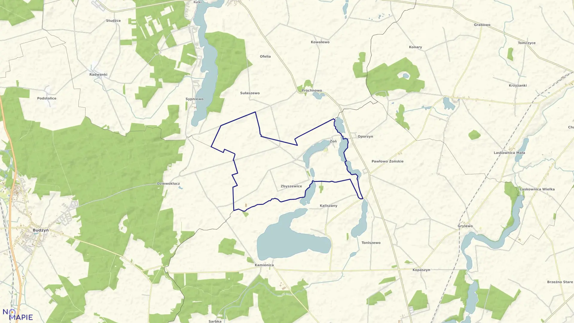 Mapa obrębu Zbyszewice w gminie Margonin